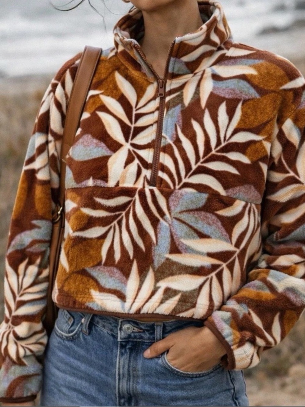 Billabong Fling Half-Zip Fleece Jacket NWT Large Tropical Leaf Pullover Sz L NWT
